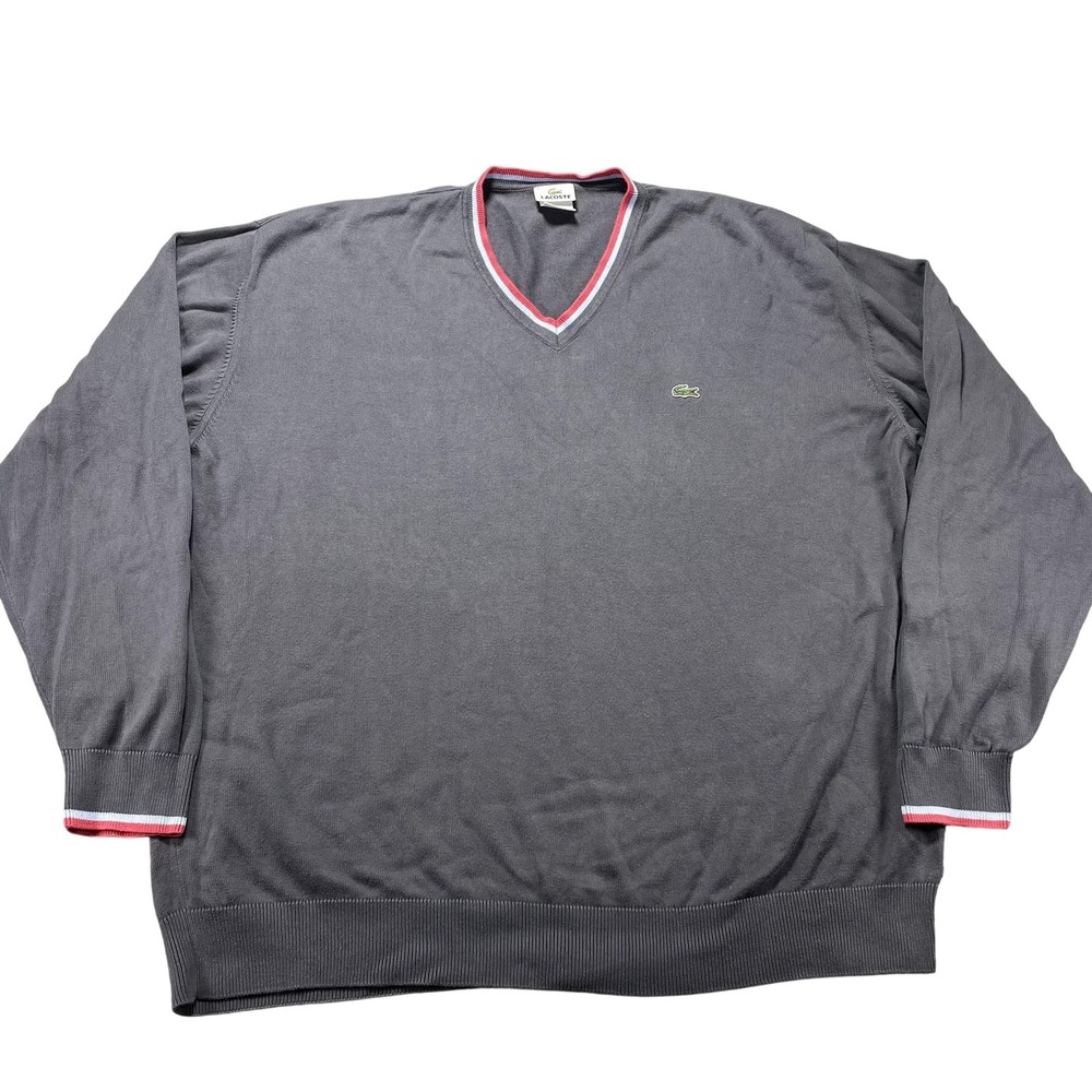 Lacoste Sweater Mens 3XL Gray Cotton V Neck Pullover Logo Knit Lightweight